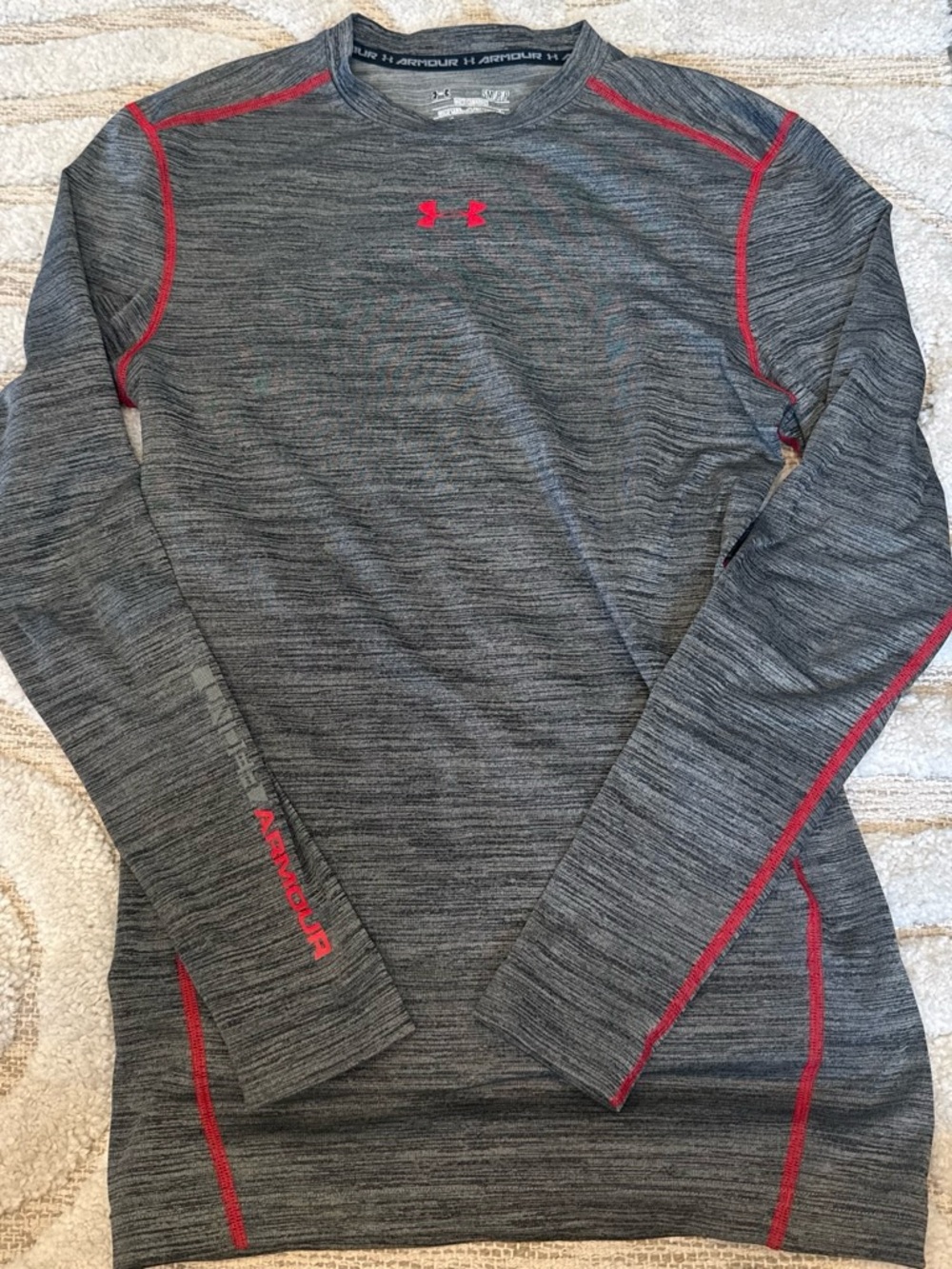 Under Armour Men’s Grey ColdGear Long Sleeve Performance Shirt with Red Accents